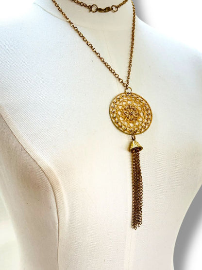 Goldtone Necklace 33" with Medallion Pendant 5.5" Tassel