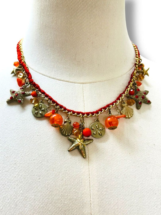Charm Necklace Beach Theme Brushed Goldtone Orange Red 17-20"