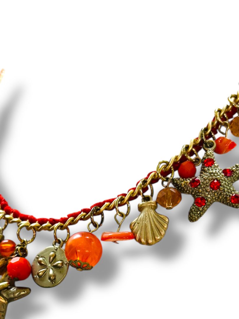 Charm Necklace Beach Theme Brushed Goldtone Orange Red 17-20"