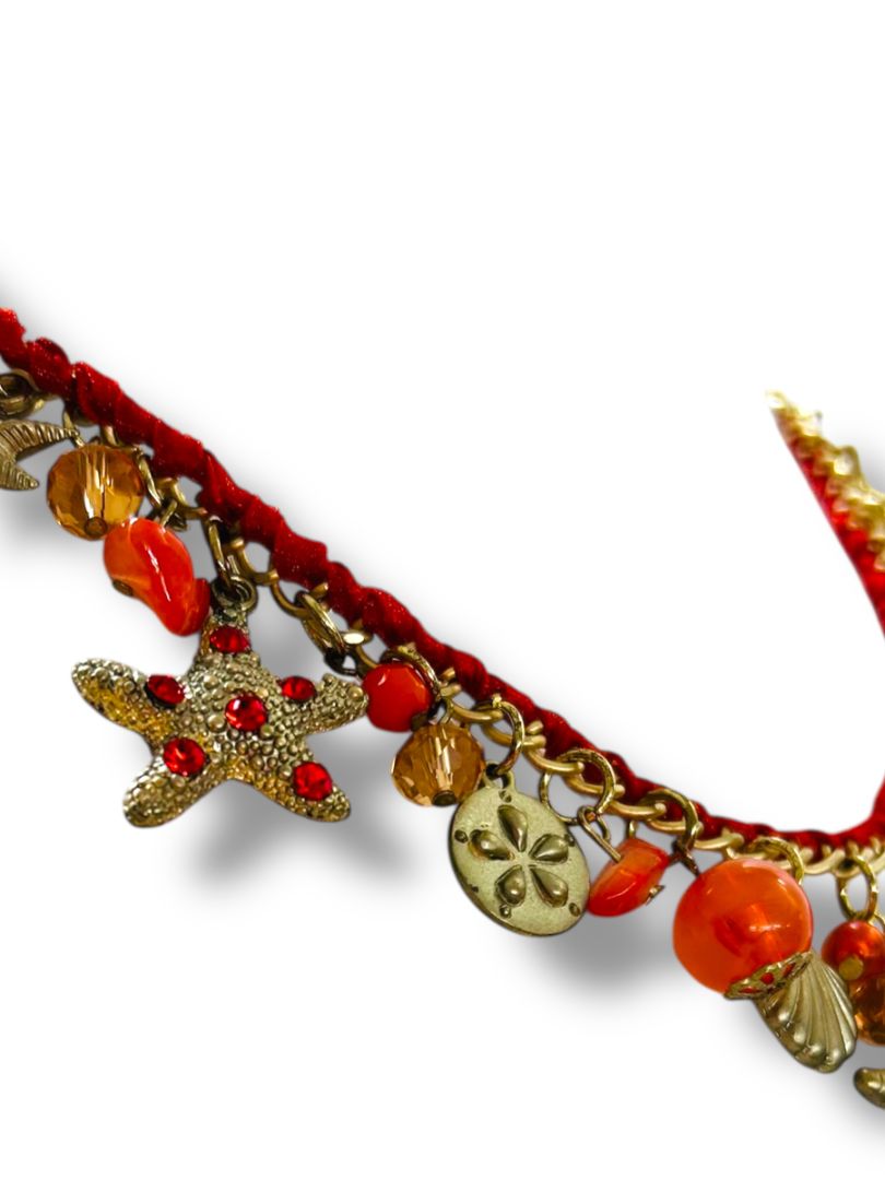 Charm Necklace Beach Theme Brushed Goldtone Orange Red 17-20"