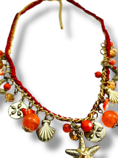 Charm Necklace Beach Theme Brushed Goldtone Orange Red 17-20"