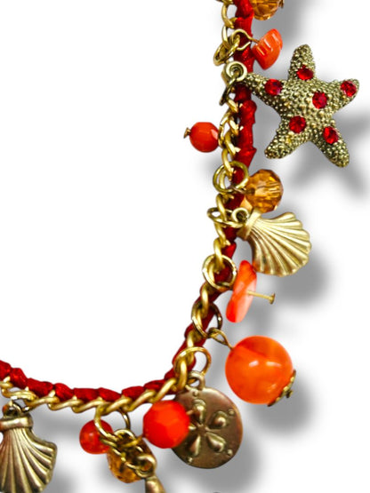 Charm Necklace Beach Theme Brushed Goldtone Orange Red 17-20"