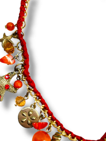 Charm Necklace Beach Theme Brushed Goldtone Orange Red 17-20"