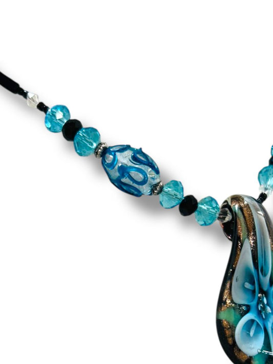 Blue Glass Beaded Necklace Black Velveteen 16-17.5" Pendant 2"