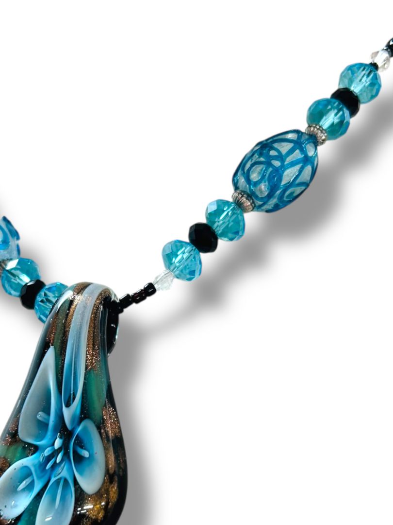 Blue Glass Beaded Necklace Black Velveteen 16-17.5" Pendant 2"
