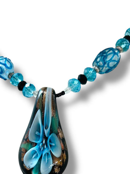 Blue Glass Beaded Necklace Black Velveteen 16-17.5" Pendant 2"