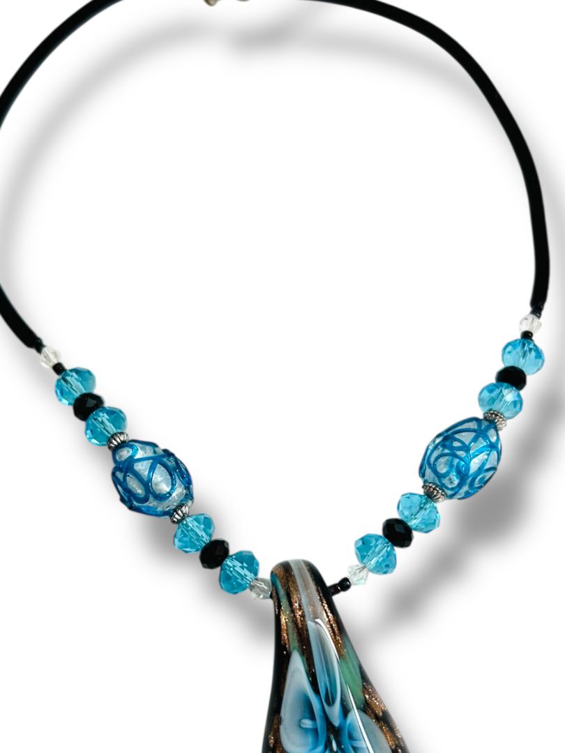 Blue Glass Beaded Necklace Black Velveteen 16-17.5" Pendant 2"