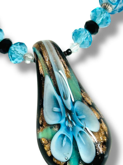 Blue Glass Beaded Necklace Black Velveteen 16-17.5" Pendant 2"