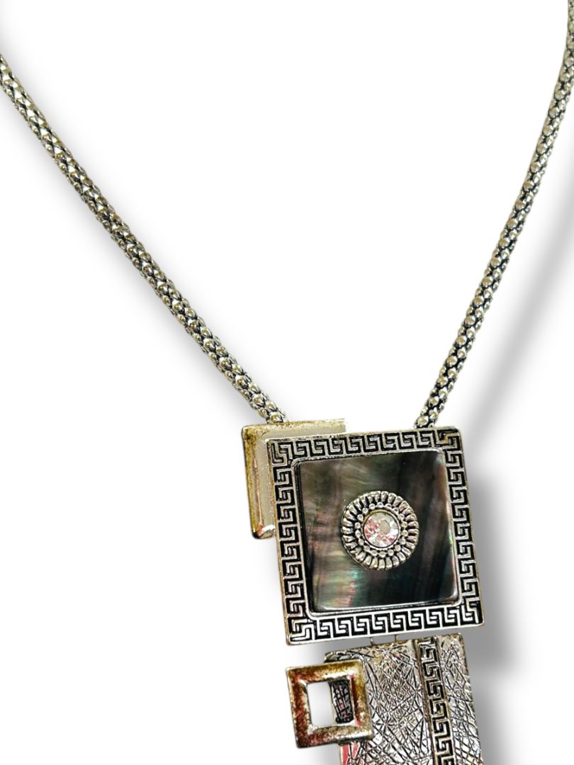 Silvertone Statement Necklace 2.75" Pendant Artsy 15-17"