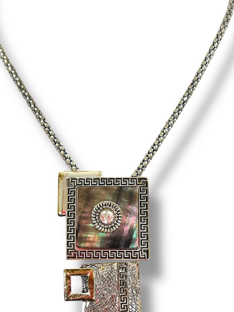 Silvertone Statement Necklace 2.75" Pendant Artsy 15-17"