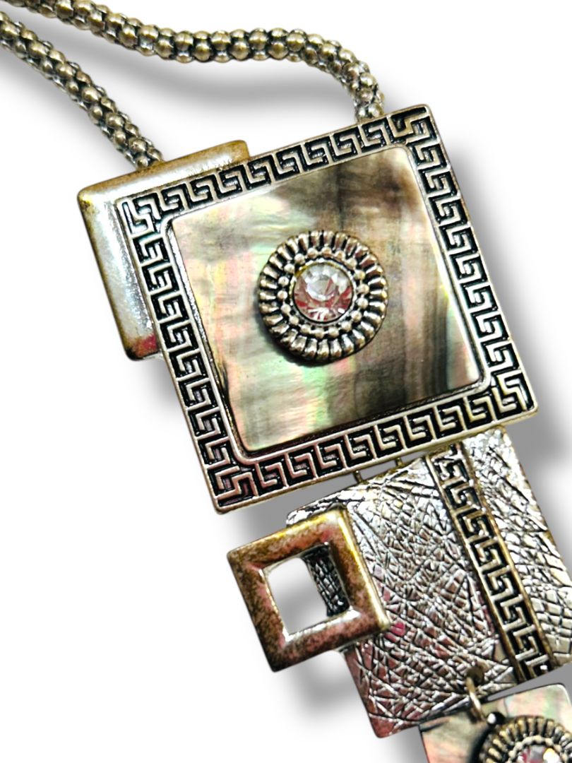 Silvertone Statement Necklace 2.75" Pendant Artsy 15-17"