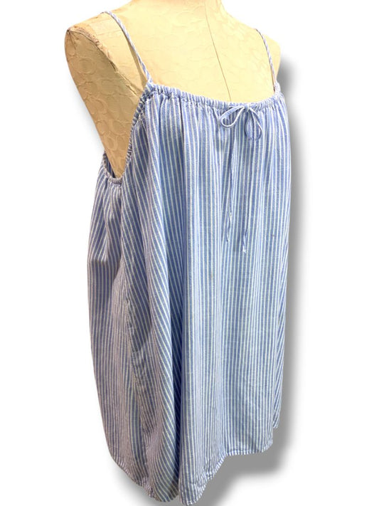 Large H&M Blue White Shift Dress Spaghetti Strap Stripe Linen Blend Summer