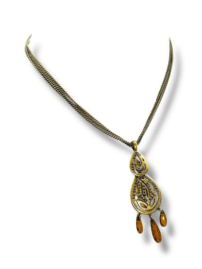 Goldtone Pendant Necklace 15-17" Triple Chain Amber Color Bead 3" Drop