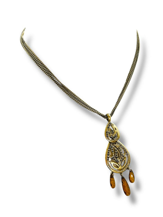 Goldtone Pendant Necklace 15-17" Triple Chain Amber Color Bead 3" Drop