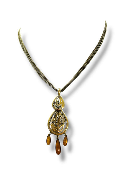 Goldtone Pendant Necklace 15-17" Triple Chain Amber Color Bead 3" Drop