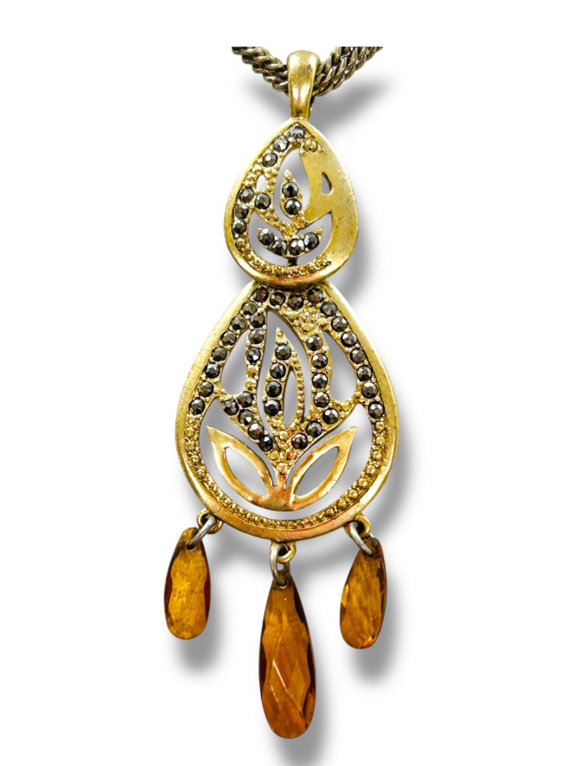 Goldtone Pendant Necklace 15-17" Triple Chain Amber Color Bead 3" Drop