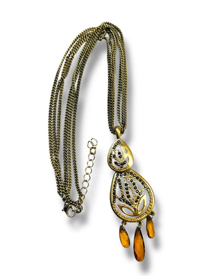 Goldtone Pendant Necklace 15-17" Triple Chain Amber Color Bead 3" Drop