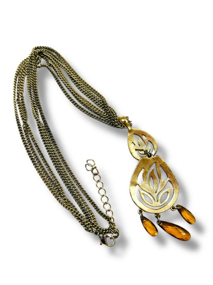 Goldtone Pendant Necklace 15-17" Triple Chain Amber Color Bead 3" Drop
