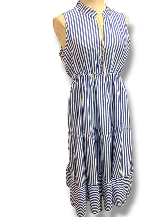 Medium Summer Dress  Blue White Striped Flowy Sleeveless