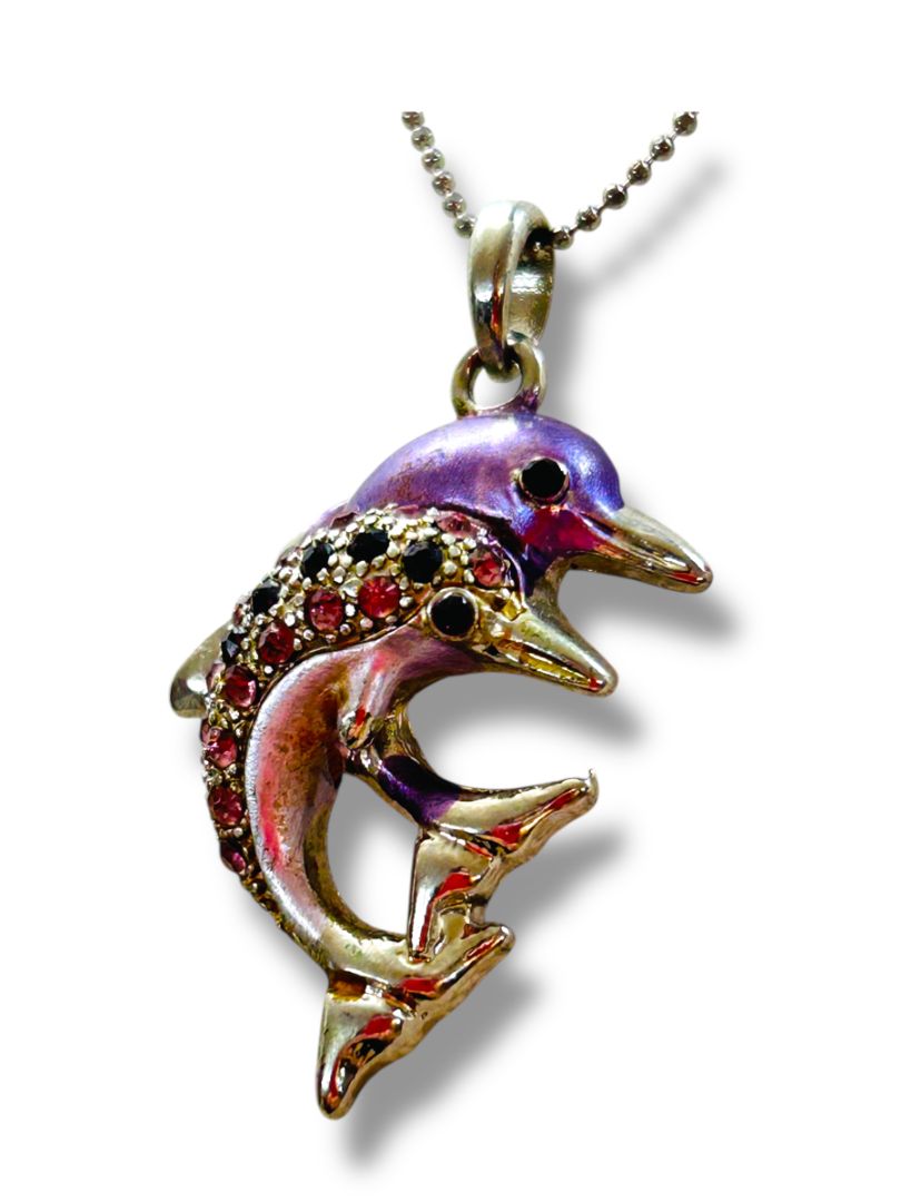 Silvertone 16-18" Necklace Jumping Dolphin Pendant Pink Purple Sparkly