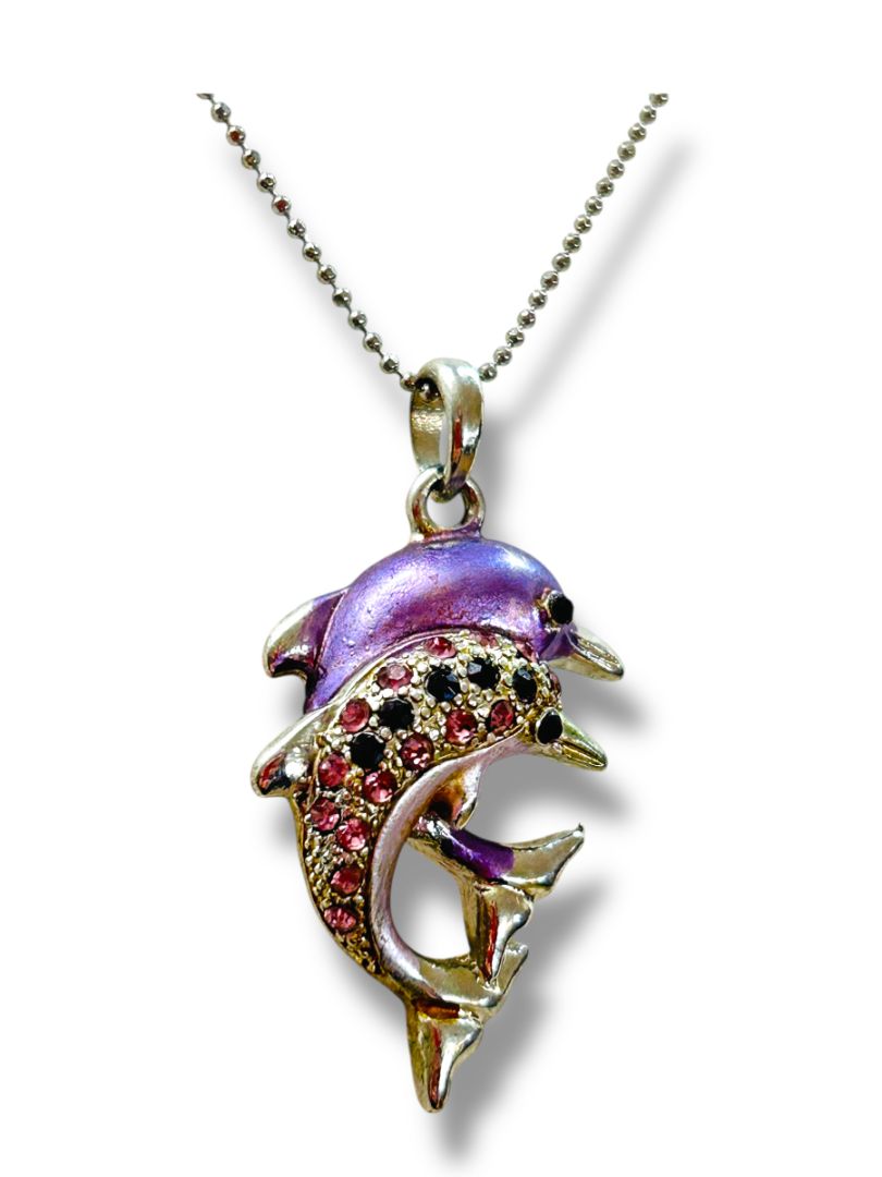 Silvertone 16-18" Necklace Jumping Dolphin Pendant Pink Purple Sparkly
