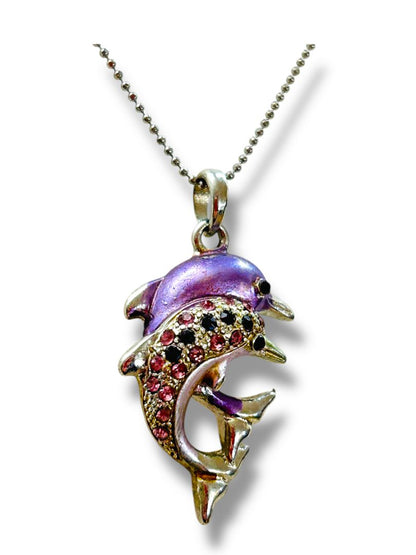 Silvertone 16-18" Necklace Jumping Dolphin Pendant Pink Purple Sparkly