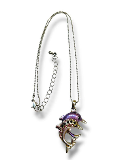 Silvertone 16-18" Necklace Jumping Dolphin Pendant Pink Purple Sparkly