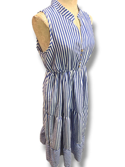 Medium Summer Dress  Blue White Striped Flowy Sleeveless