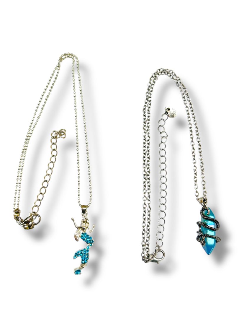 Lot of 2 Silvertone Necklaces 16-19" Mermaid Blue Crystal Snake