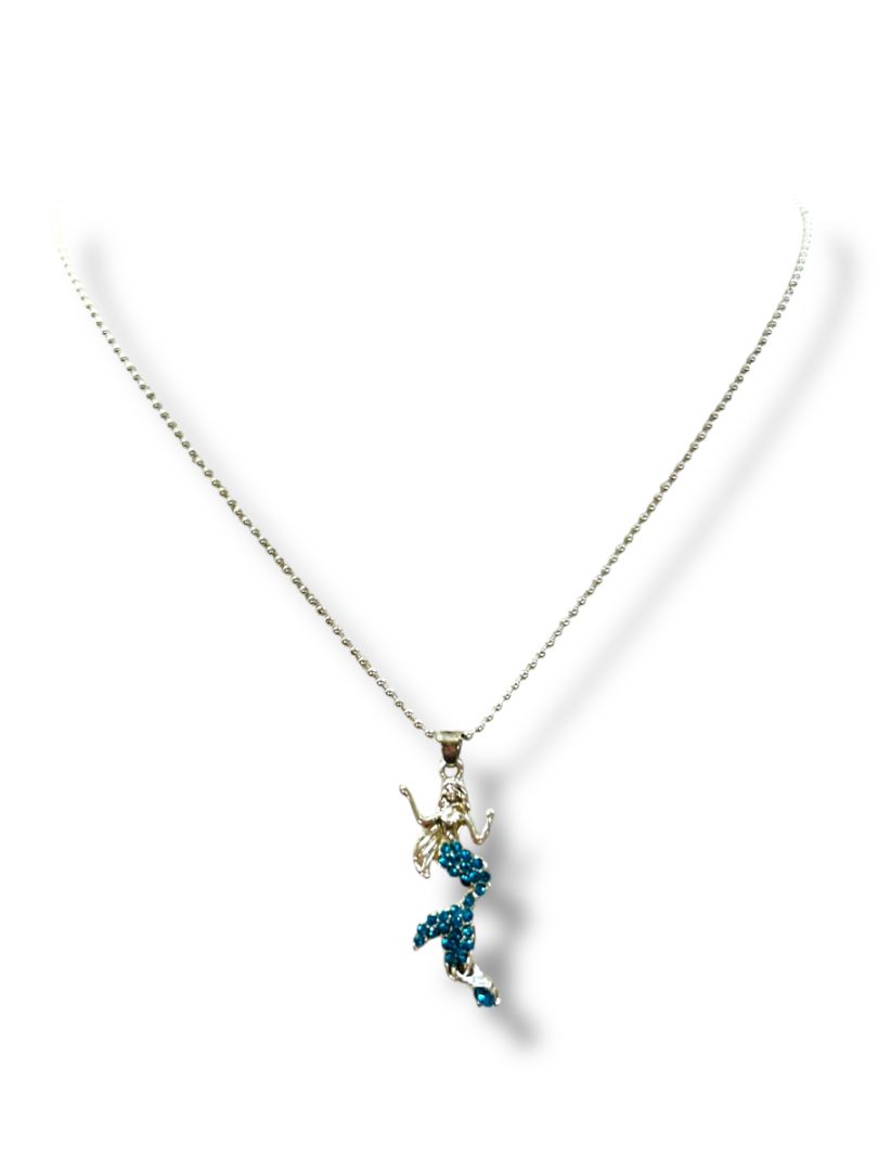 Lot of 2 Silvertone Necklaces 16-19" Mermaid Blue Crystal Snake