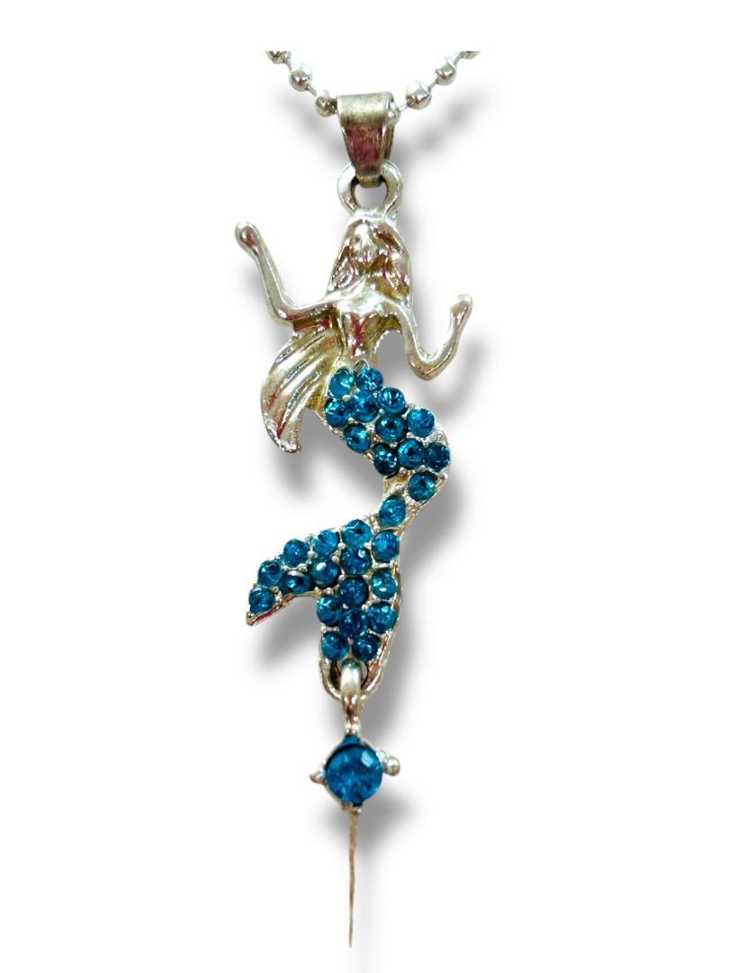 Lot of 2 Silvertone Necklaces 16-19" Mermaid Blue Crystal Snake