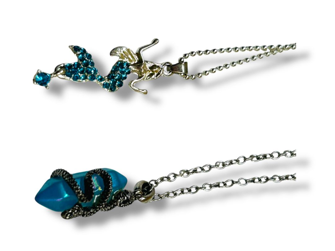 Lot of 2 Silvertone Necklaces 16-19" Mermaid Blue Crystal Snake