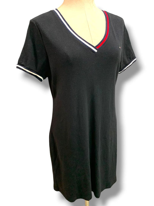 Large Tommy Hilfiger Black Tshirt V-Neck Dress Red White Trim