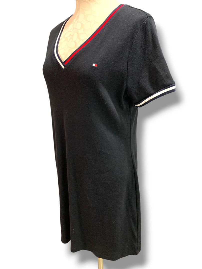 Large Tommy Hilfiger Black Tshirt V-Neck Dress Red White Trim