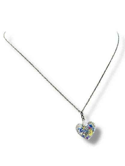 Lot of 2 Silvertone Heart Pendant Necklaces Pink Clear 16-18"