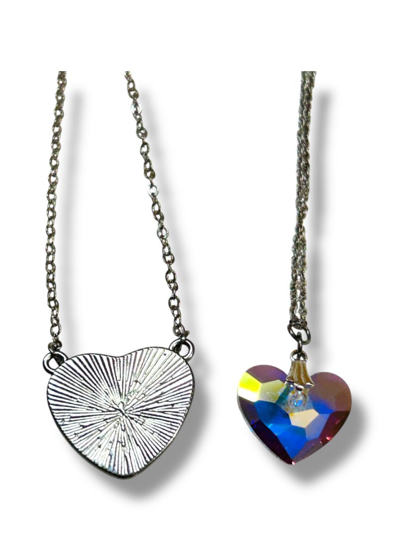Lot of 2 Silvertone Heart Pendant Necklaces Pink Clear 16-18"
