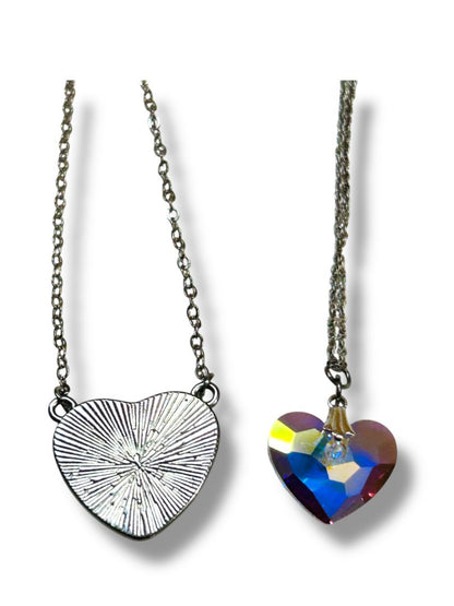 Lot of 2 Silvertone Heart Pendant Necklaces Pink Clear 16-18"