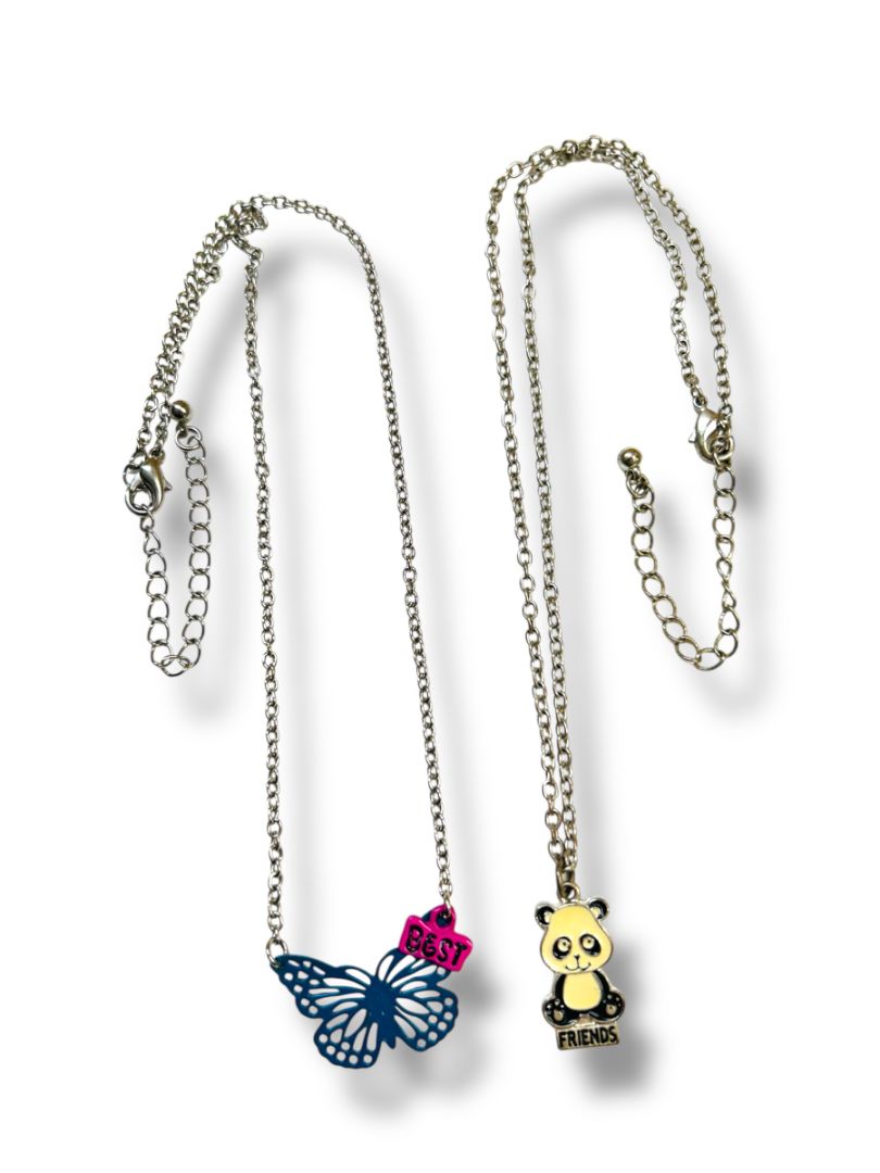 Lot of 2 Silvertone Pendant Necklaces 15-17.5" Panda Butterfly