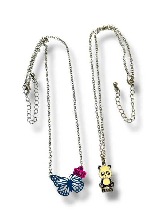 Lot of 2 Silvertone Pendant Necklaces 15-17.5" Panda Butterfly