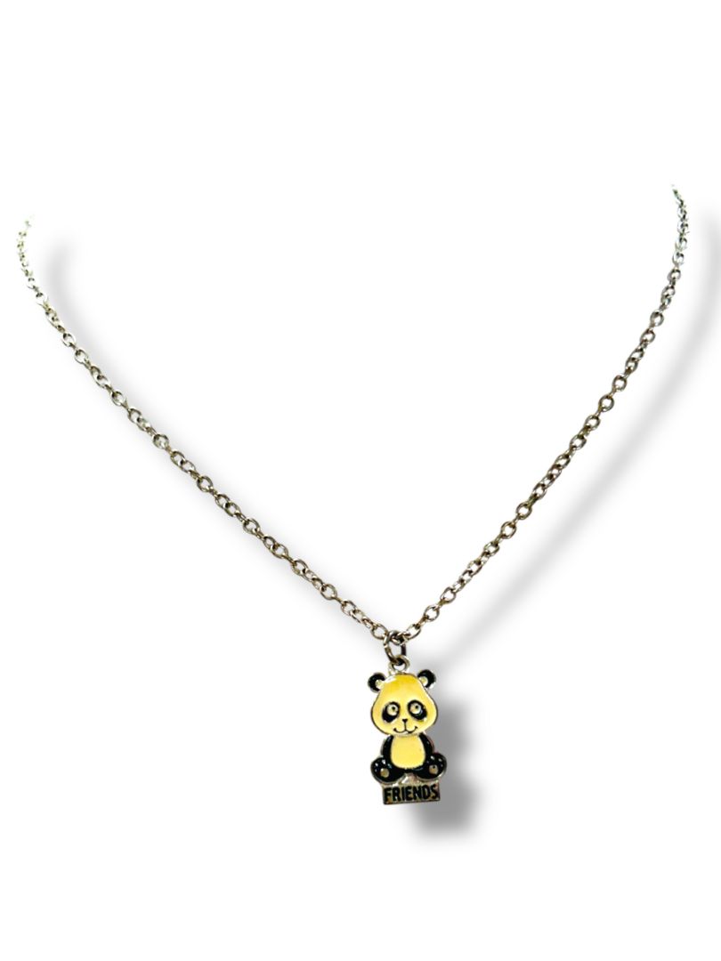 Lot of 2 Silvertone Pendant Necklaces 15-17.5" Panda Butterfly