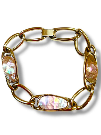 Vintage Signed Liz Claiborne Goldtone Link Bracelet Pink 7" Foldover Clasp