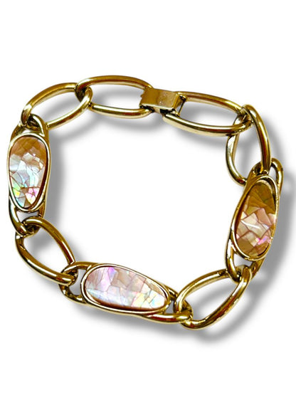 Vintage Signed Liz Claiborne Goldtone Link Bracelet Pink 7" Foldover Clasp