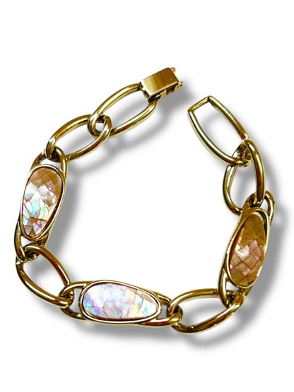 Vintage Signed Liz Claiborne Goldtone Link Bracelet Pink 7" Foldover Clasp