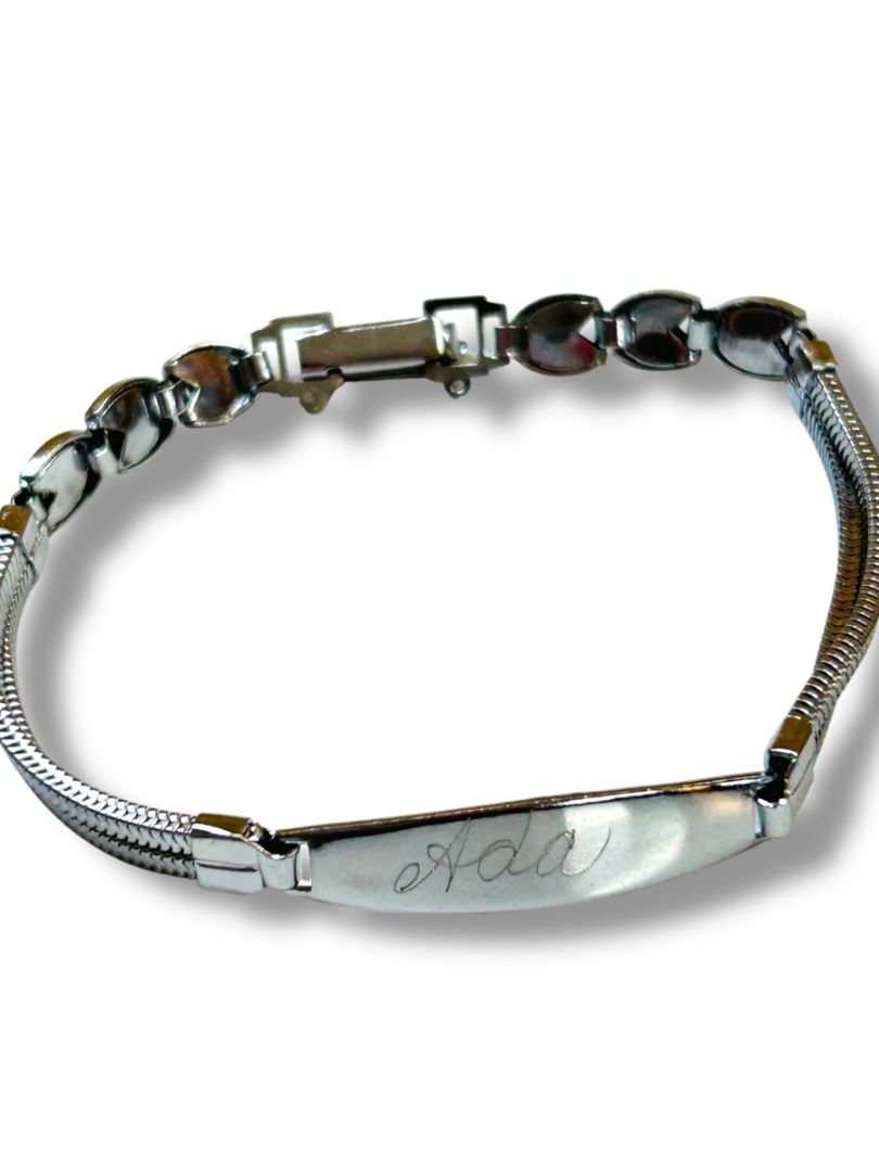 Silvertone ID Bracelet "Ada" Engraved Hearts Design 7.75"