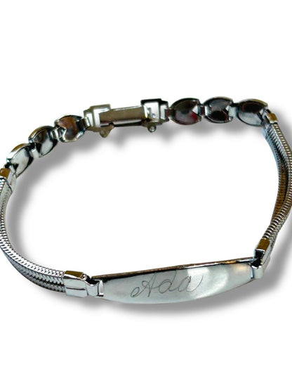 Silvertone ID Bracelet "Ada" Engraved Hearts Design 7.75"
