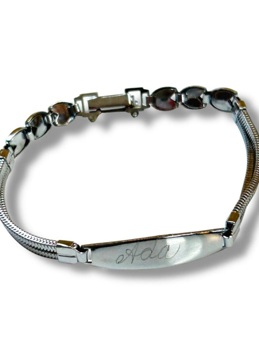 Silvertone ID Bracelet "Ada" Engraved Hearts Design 7.75"