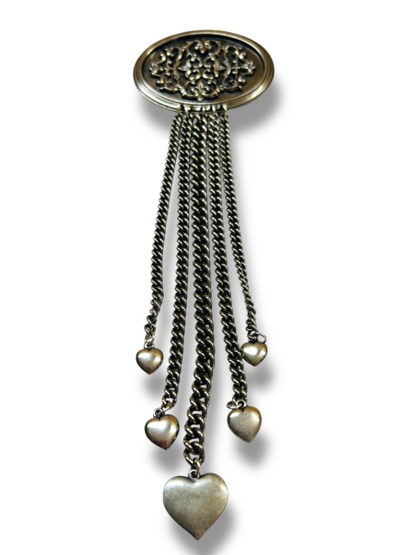 Silvertone Pewter Color Oversize Brooch Pin Fringe Hearts 9.5"