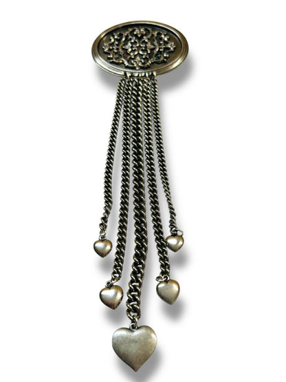 Silvertone Pewter Color Oversize Brooch Pin Fringe Hearts 9.5"