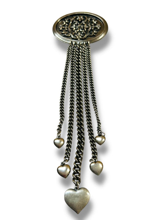 Silvertone Pewter Color Oversize Brooch Pin Fringe Hearts 9.5"