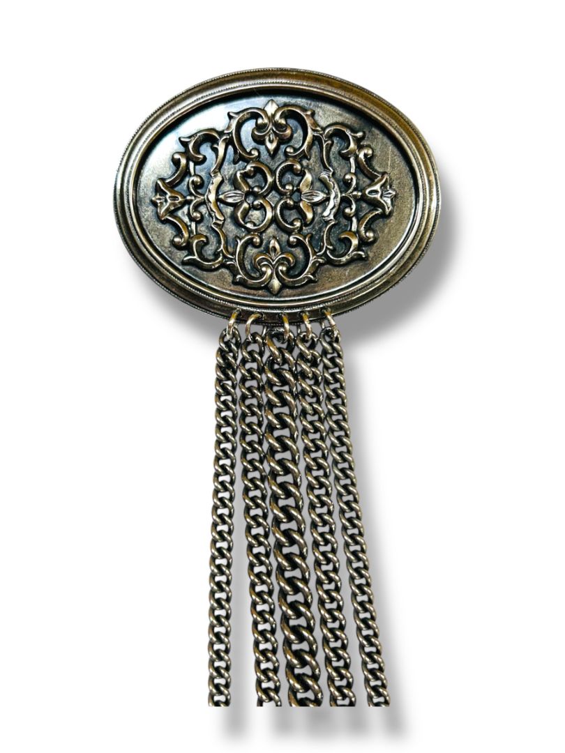 Silvertone Pewter Color Oversize Brooch Pin Fringe Hearts 9.5"